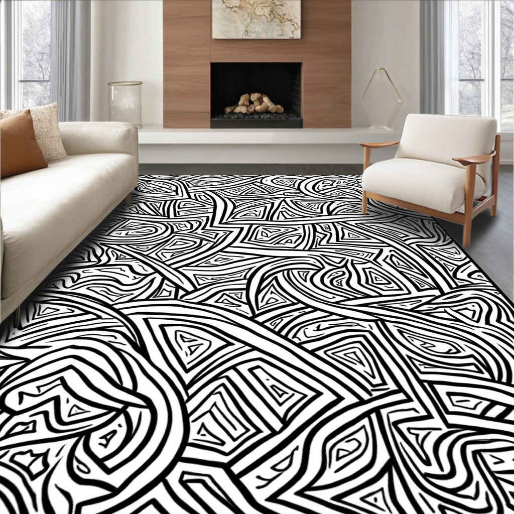 Abstract Black White Line Art Design Rug