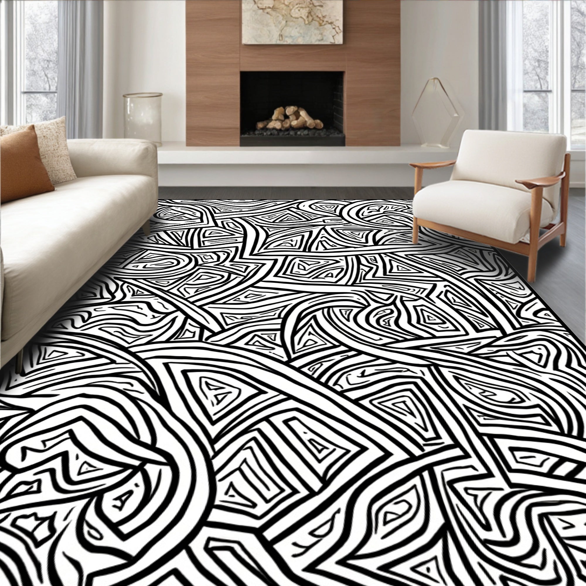 Abstract Black White Line Art Design Rug