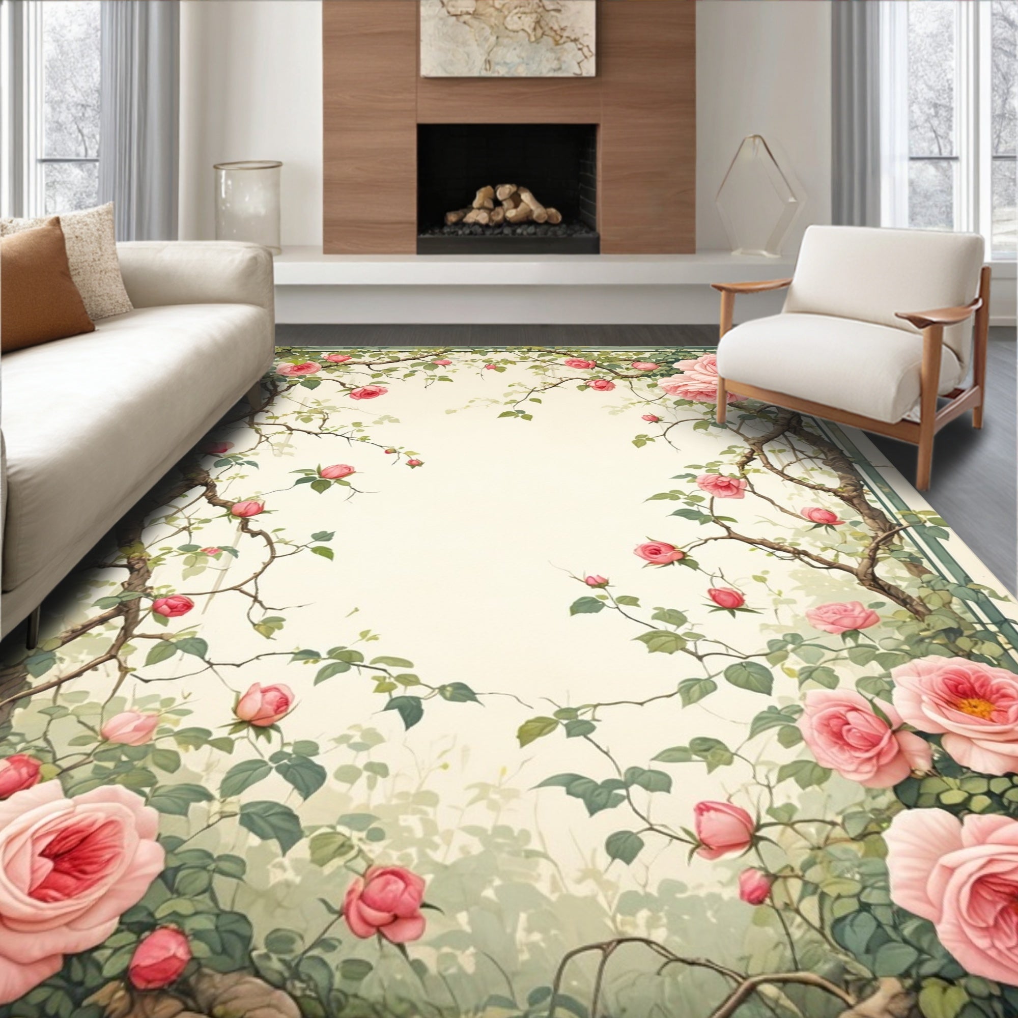 Vintage Rose Scroll Floral Pattern Rug