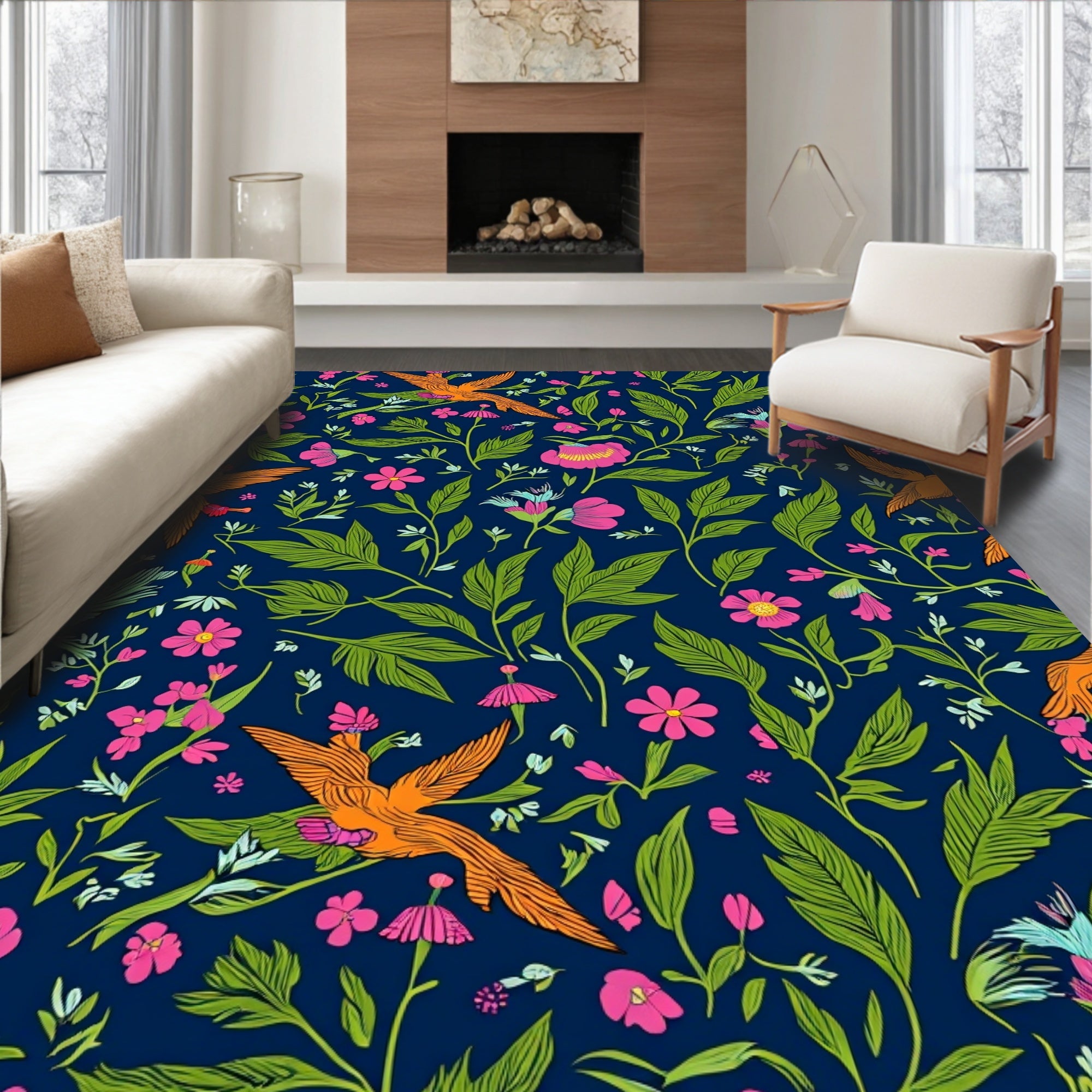 Vibrant Birds Floral Folk Rug