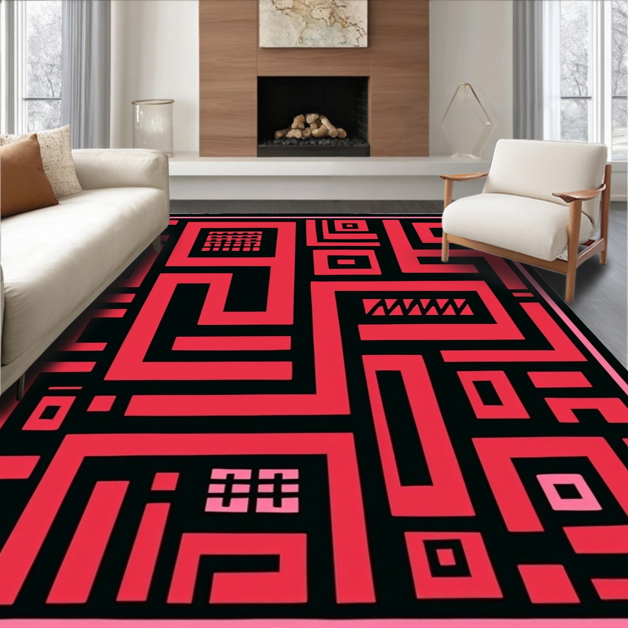 Bold Red Geometric Maze Rug