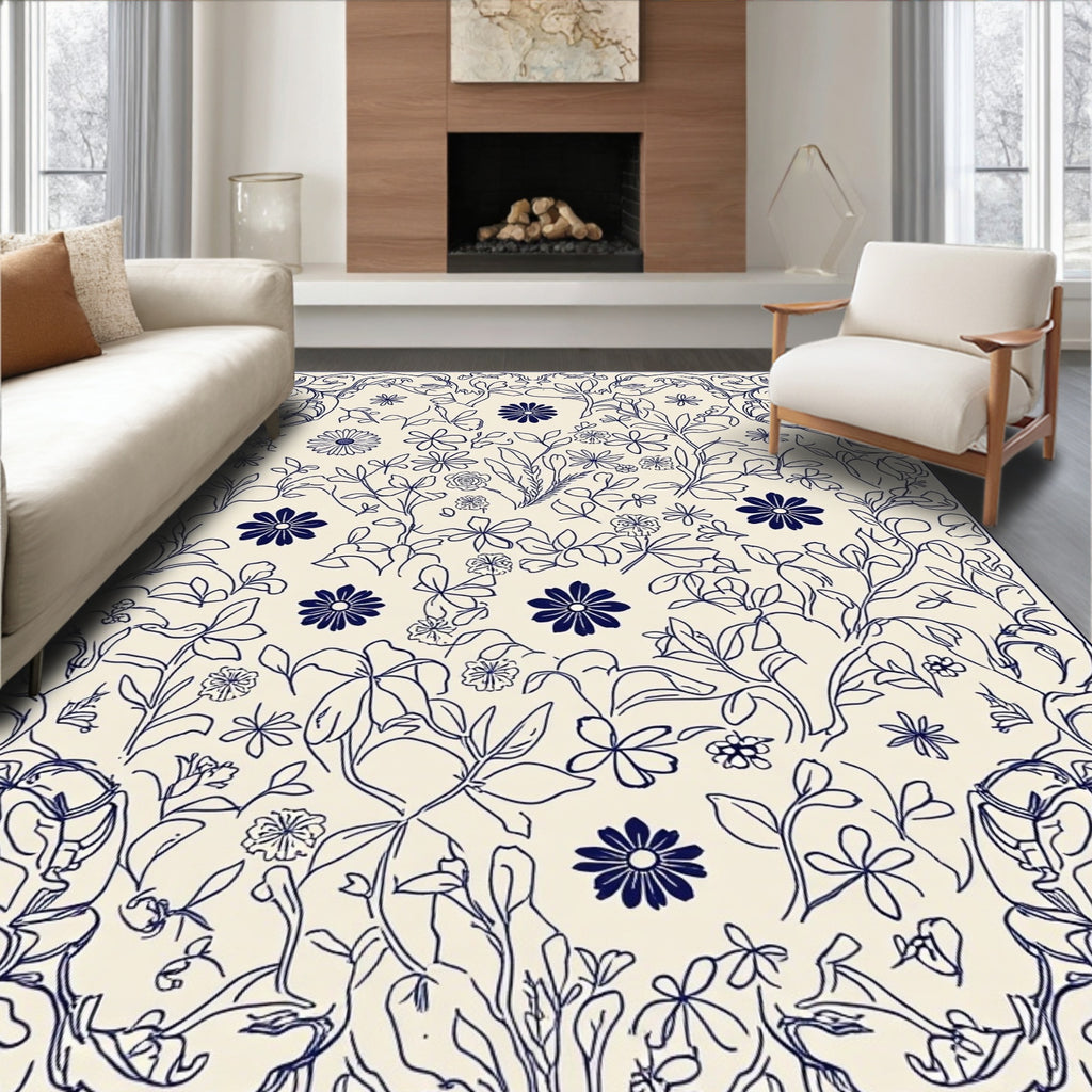 Navy Floral Vine Line Art Rug