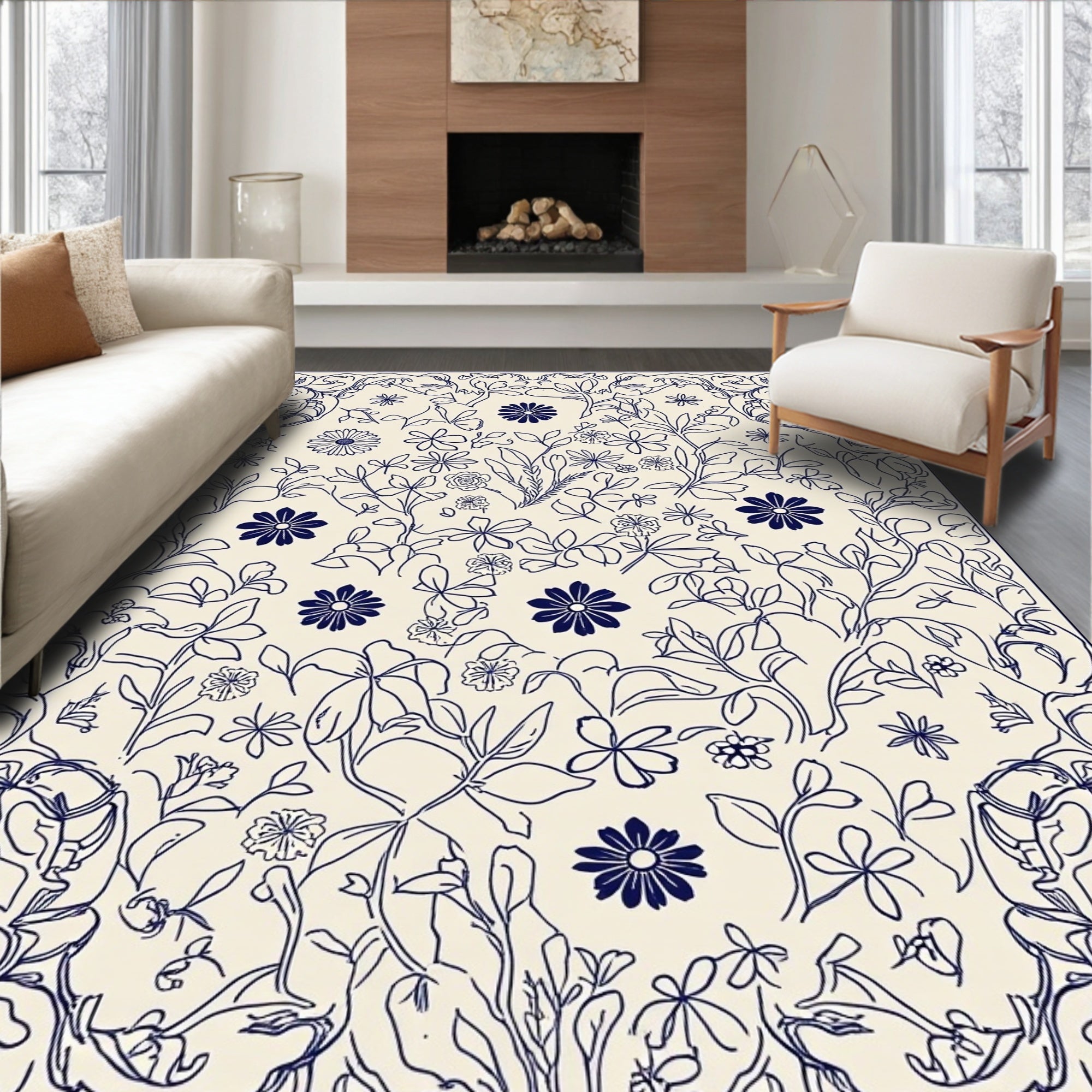 Navy Floral Vine Line Art Rug