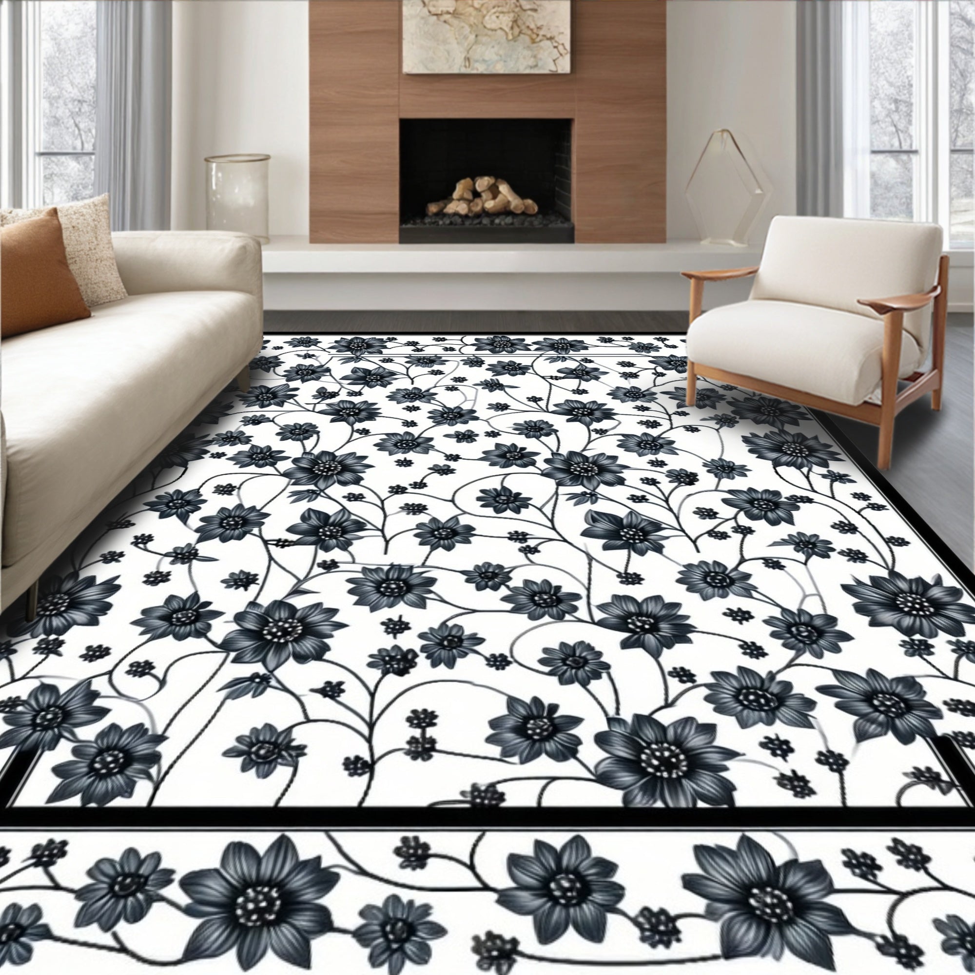 Dark Floral Vine Patterned Rug