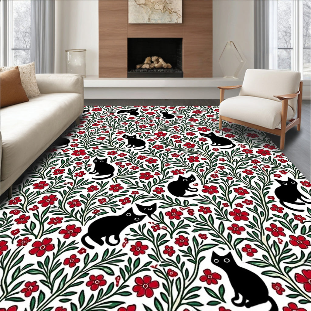 Playful Black Cats Floral Whimsical Pattern Rug