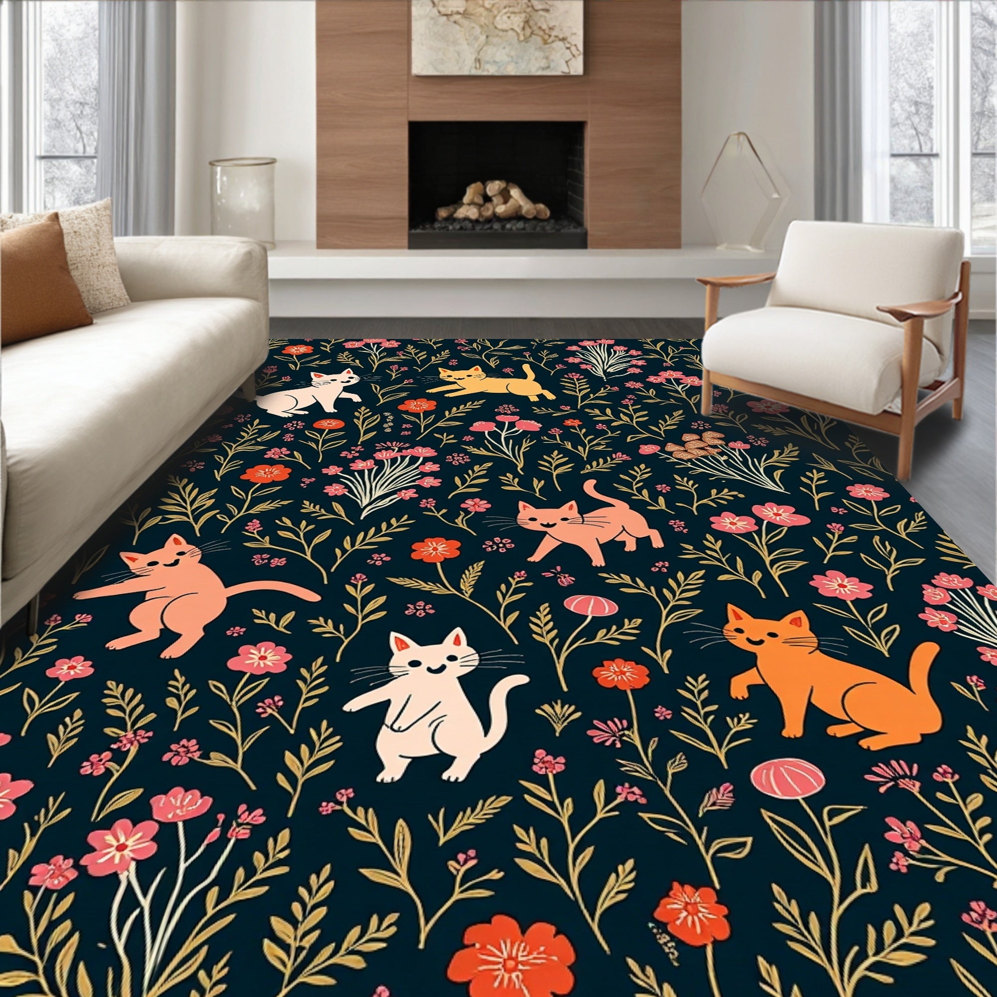 Playful Cats Among Floral Garden Rug