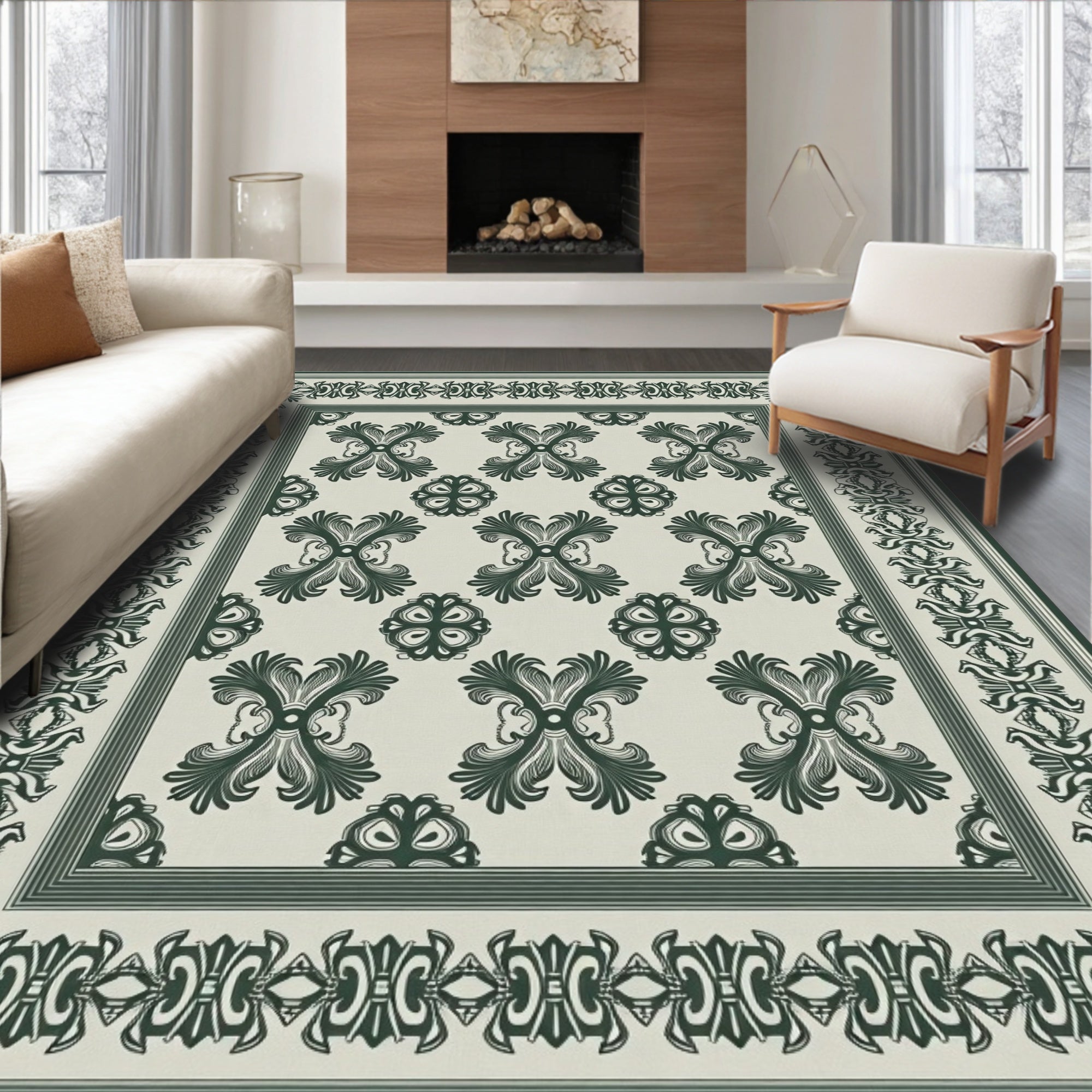 Dark Green Scrollwork Border Medallion Rug