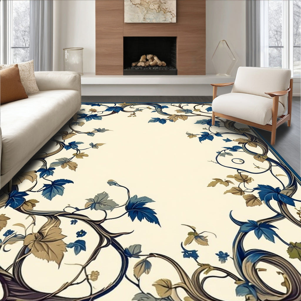 Elegant Blue Tan Floral Vines Rug