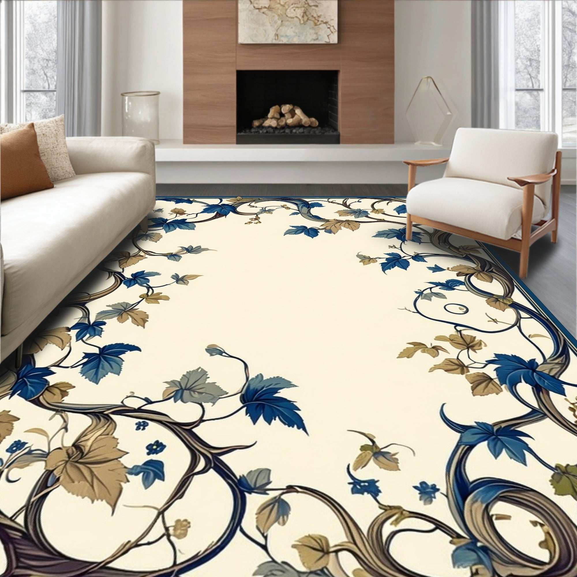 Elegant Blue Tan Floral Vines Rug