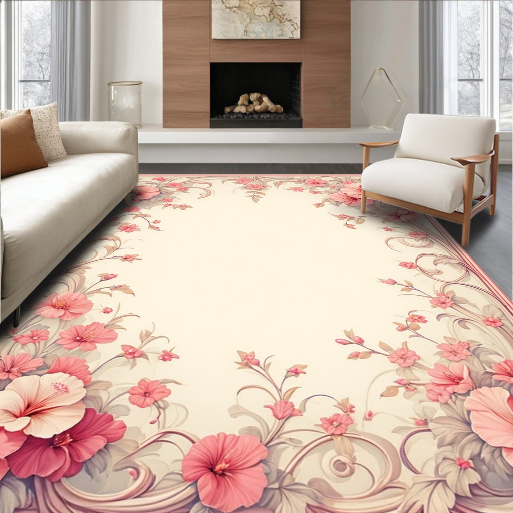 Elegant Pink Floral Scrollwork Design Rug