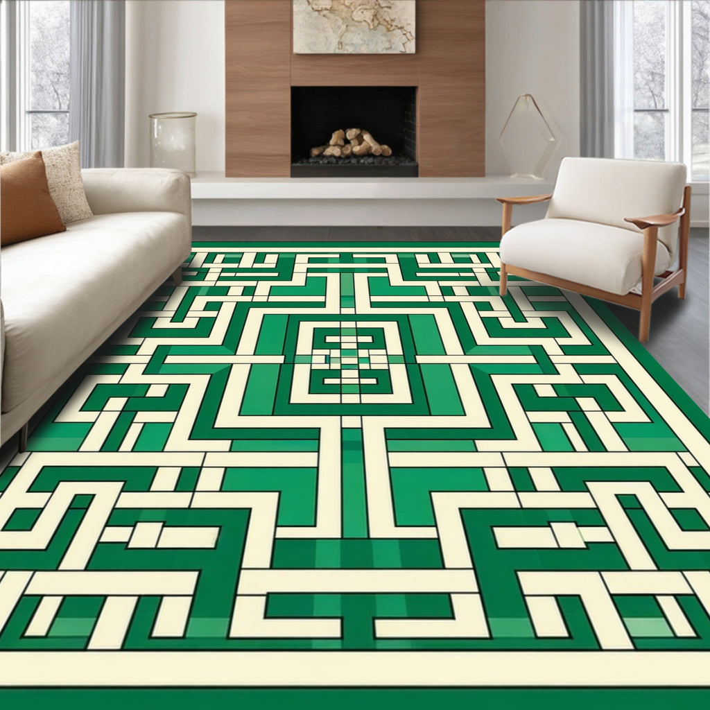 Green Geometric Maze Pattern Design Rug