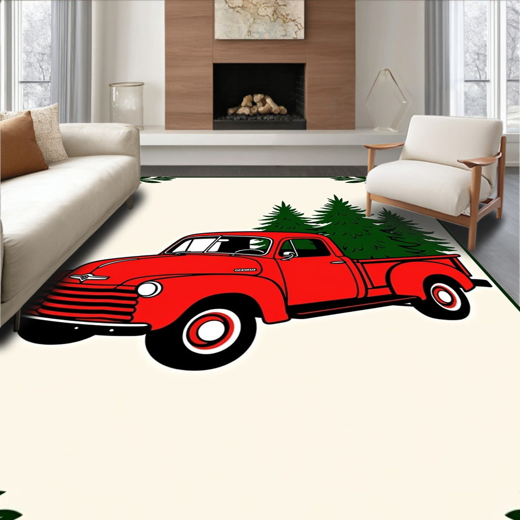 Red Vintage Truck Evergreen Trees Border Rug