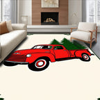 Red Vintage Truck Evergreen Trees Border Rug