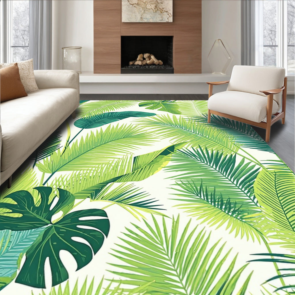 Lush Green Tropical Leaf Pattern Rug