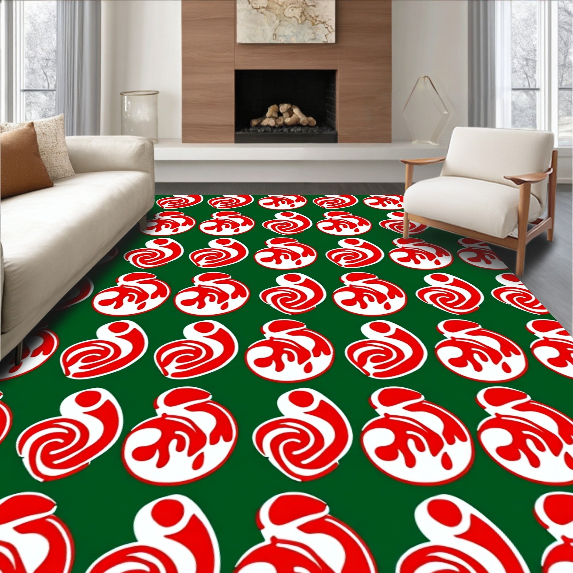 Red Swirl Drops Green Background Rug
