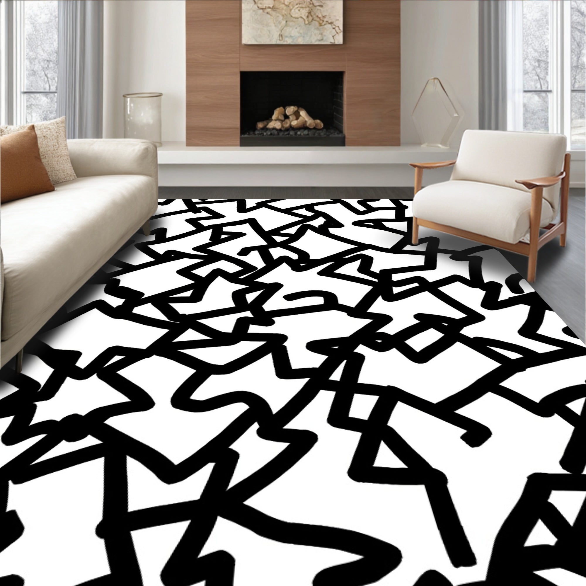 Bold Black Interlocking Abstract Pattern Rug
