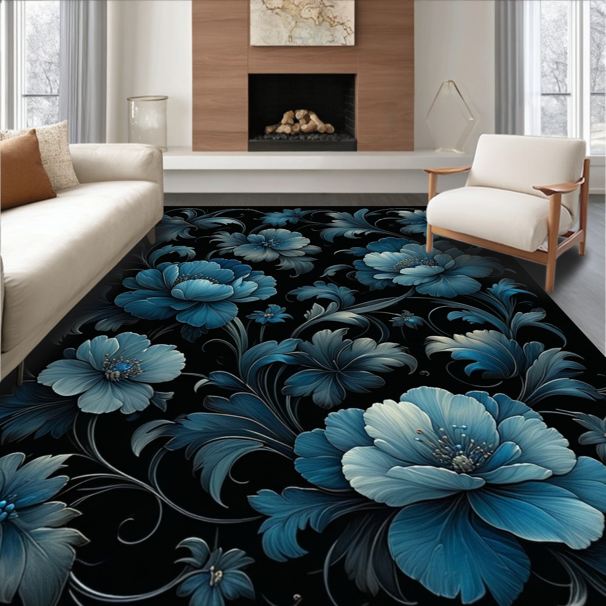 Deep Blue Floral Pattern Rug