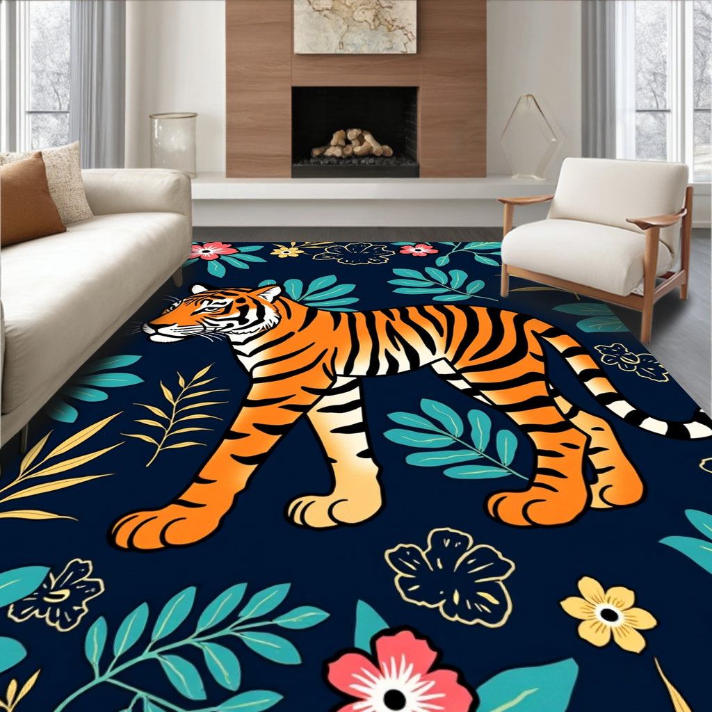 Tropical Tiger Amidst Vibrant Flora Rug