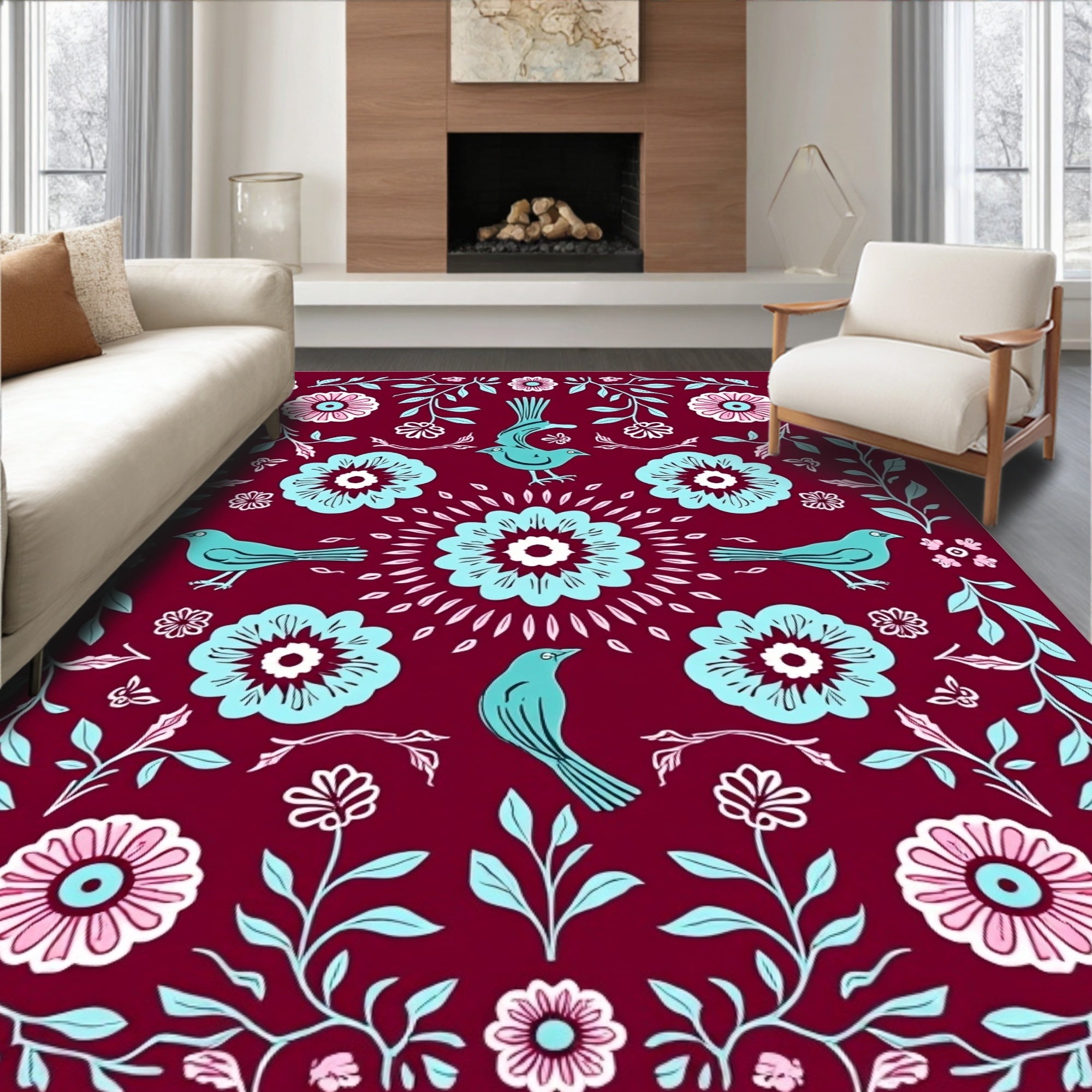 Charming Birds Floral Folk Art Rug