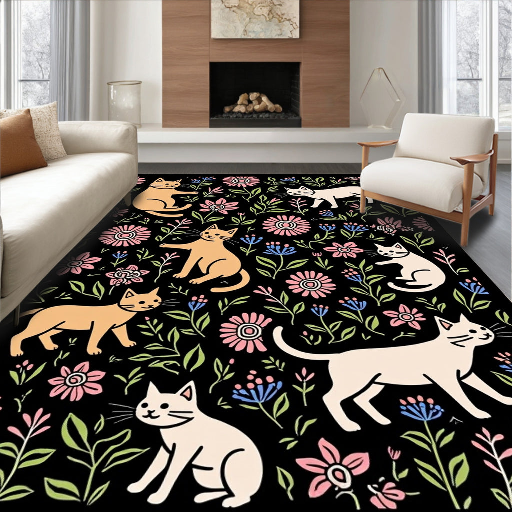 Cute Cats and Floral Blackground Design Rug