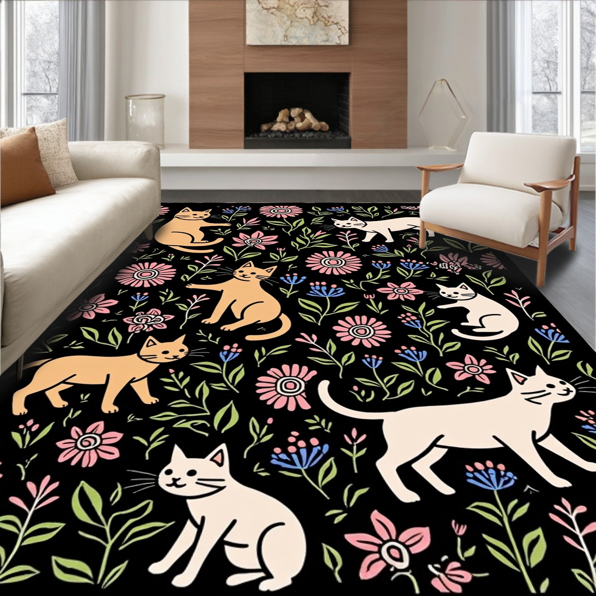 Cute Cats and Floral Blackground Design Rug