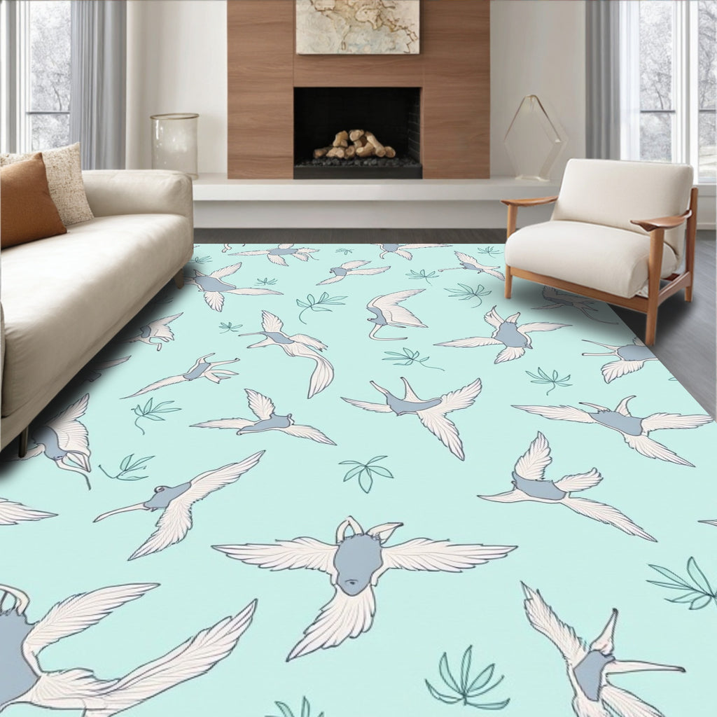 Whimsical Birds and Leaves Pattern Rug