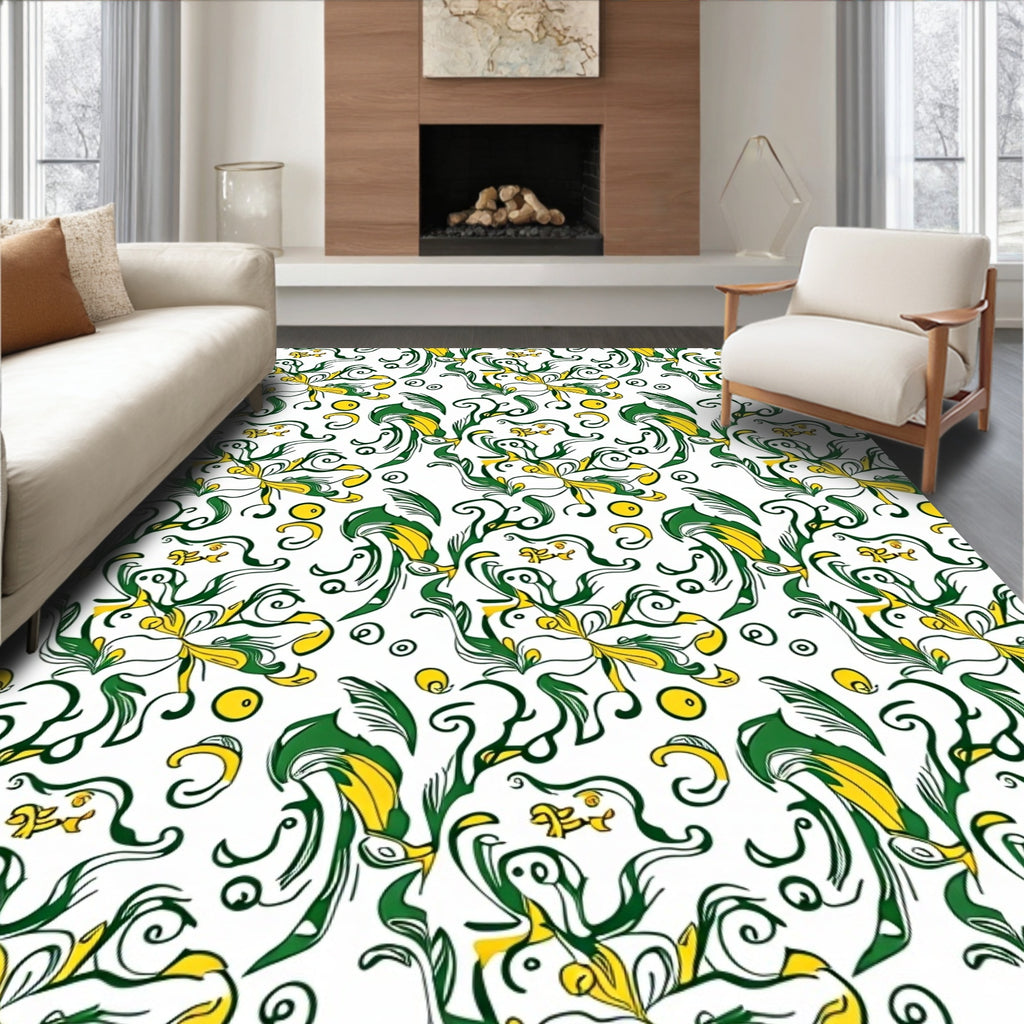 Emerald Gold Flowing Floral Swirls Rug