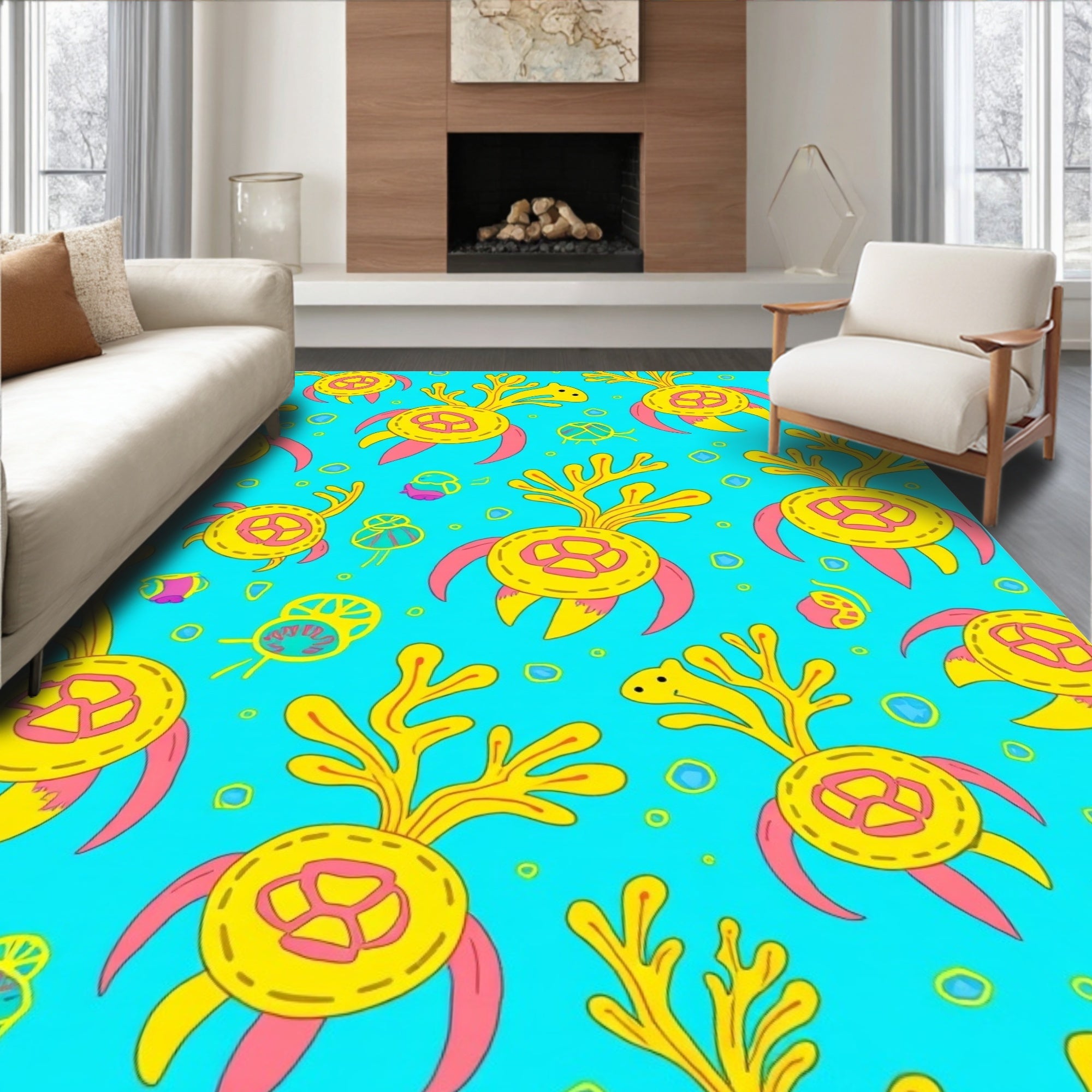 Whimsical Coral Yellow Turtle Pattern Rug