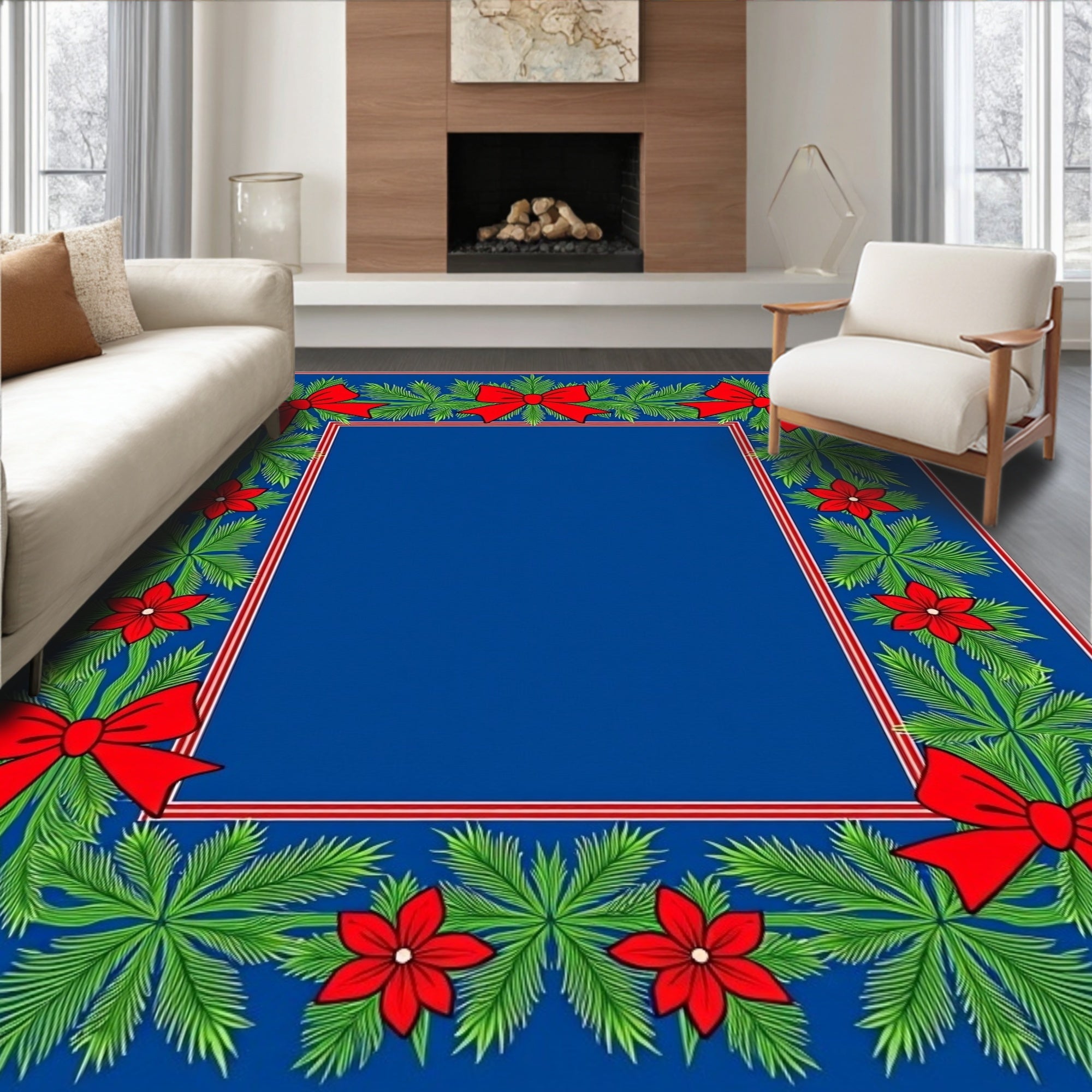 Festive Red Bow Green Pine Frame Rug