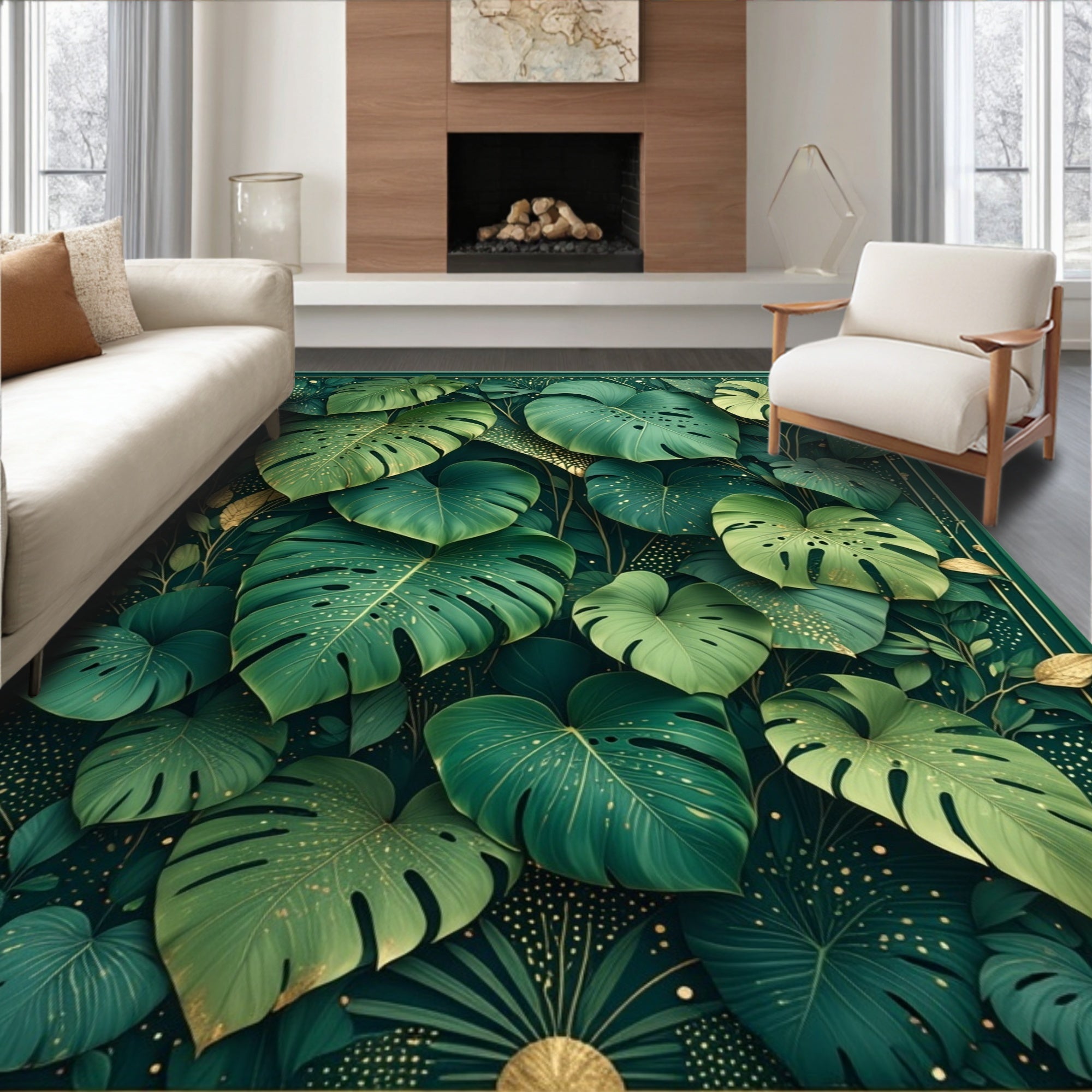 Lush Green Leafy Tropical Design Rug