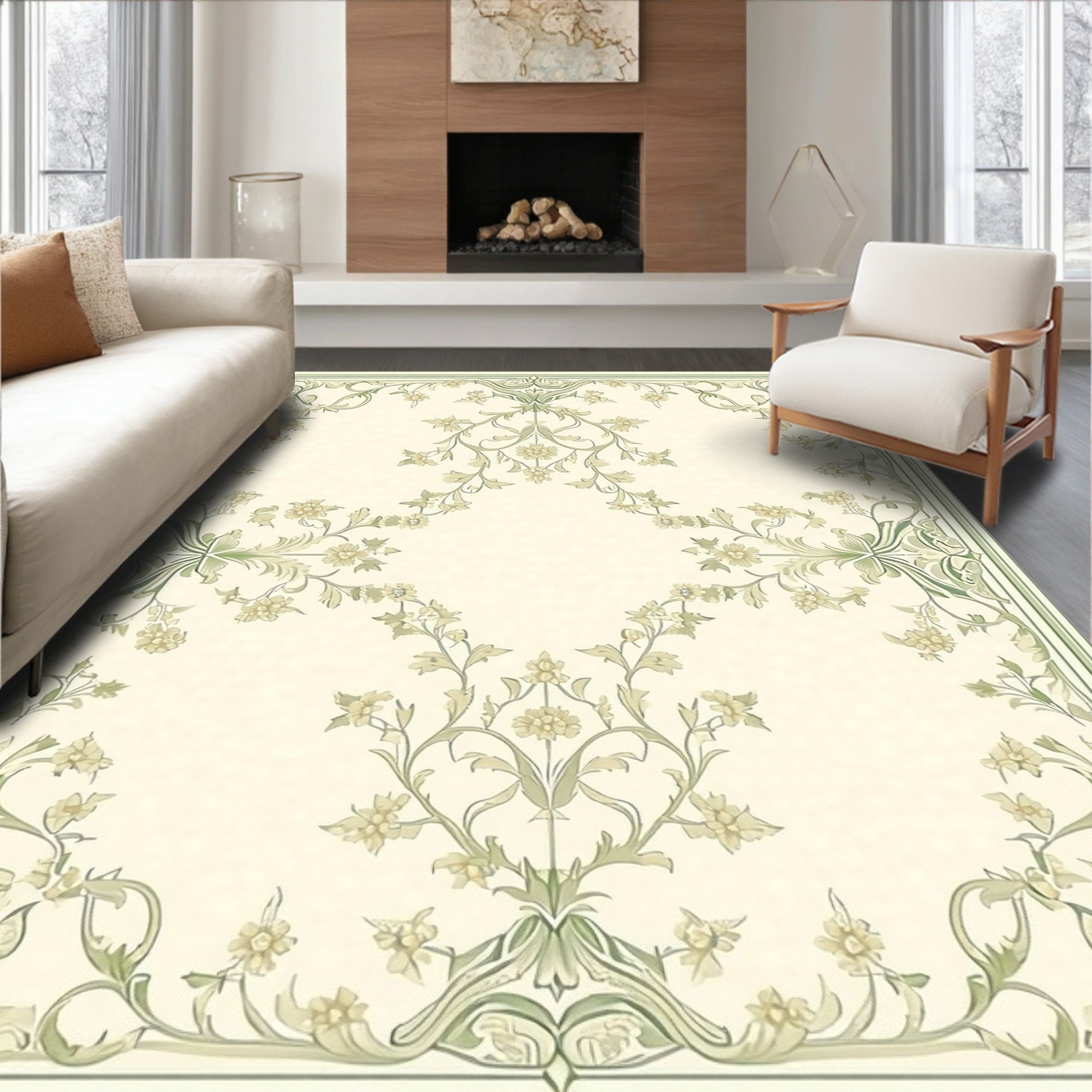 Pale Green Floral Vines Pattern Rug