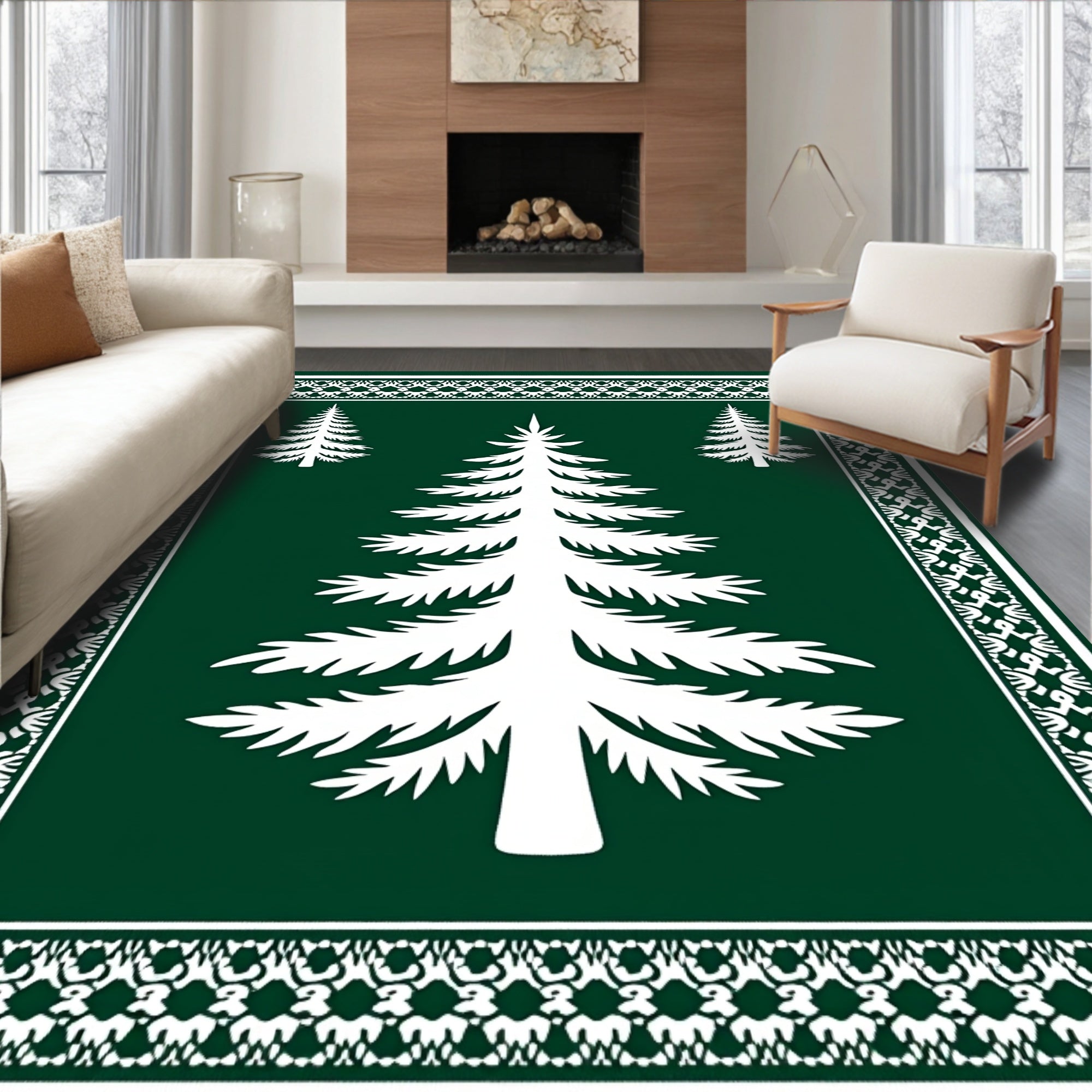 Forest Green White Evergreen Border Rug