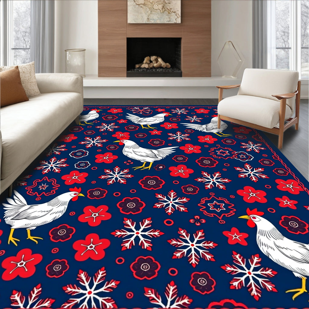 White Chicken Red Floral Snowflake Mix Rug