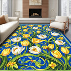 Vibrant Yellow White Tulip Pattern Rug