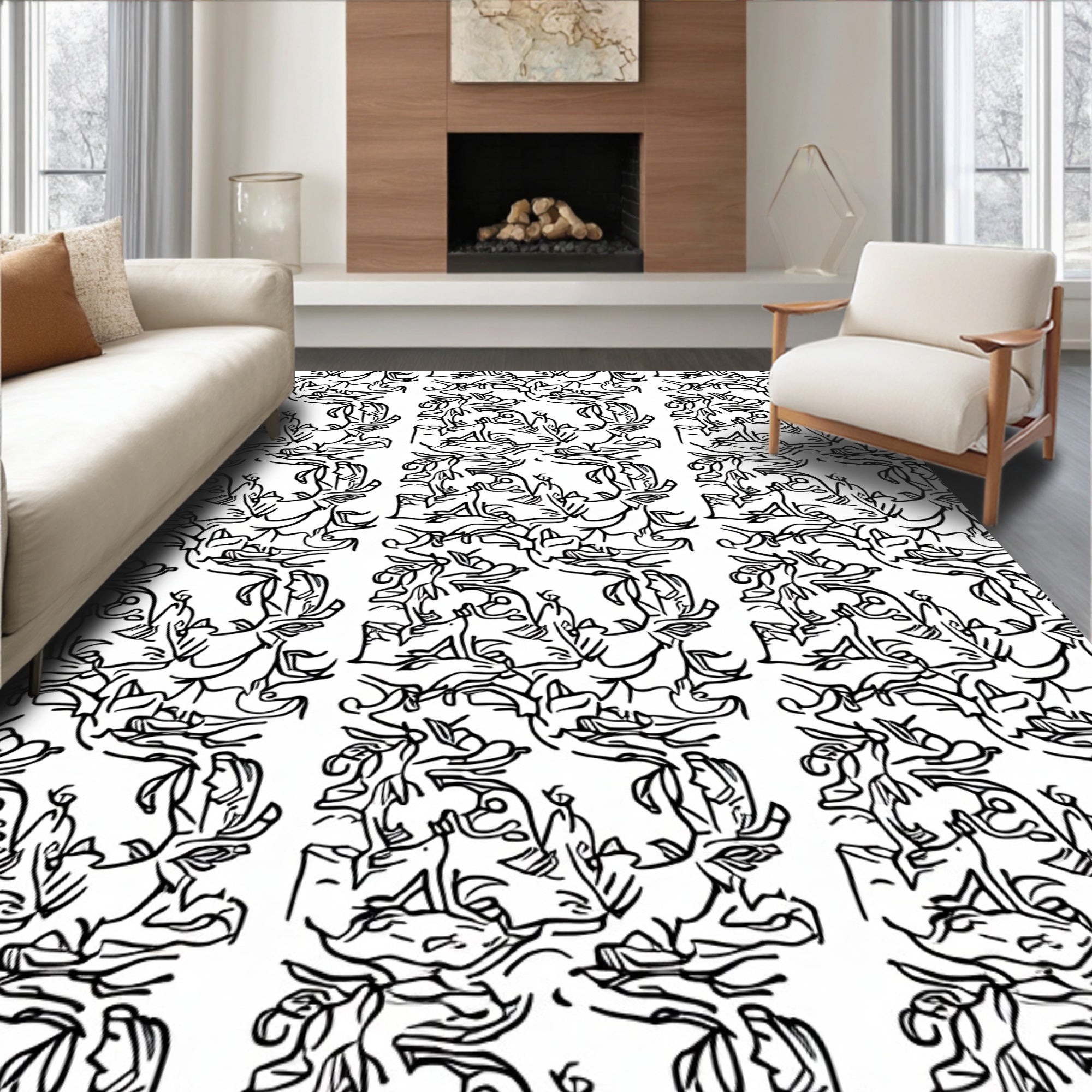 Abstract Figure Patterned Black and White Rug