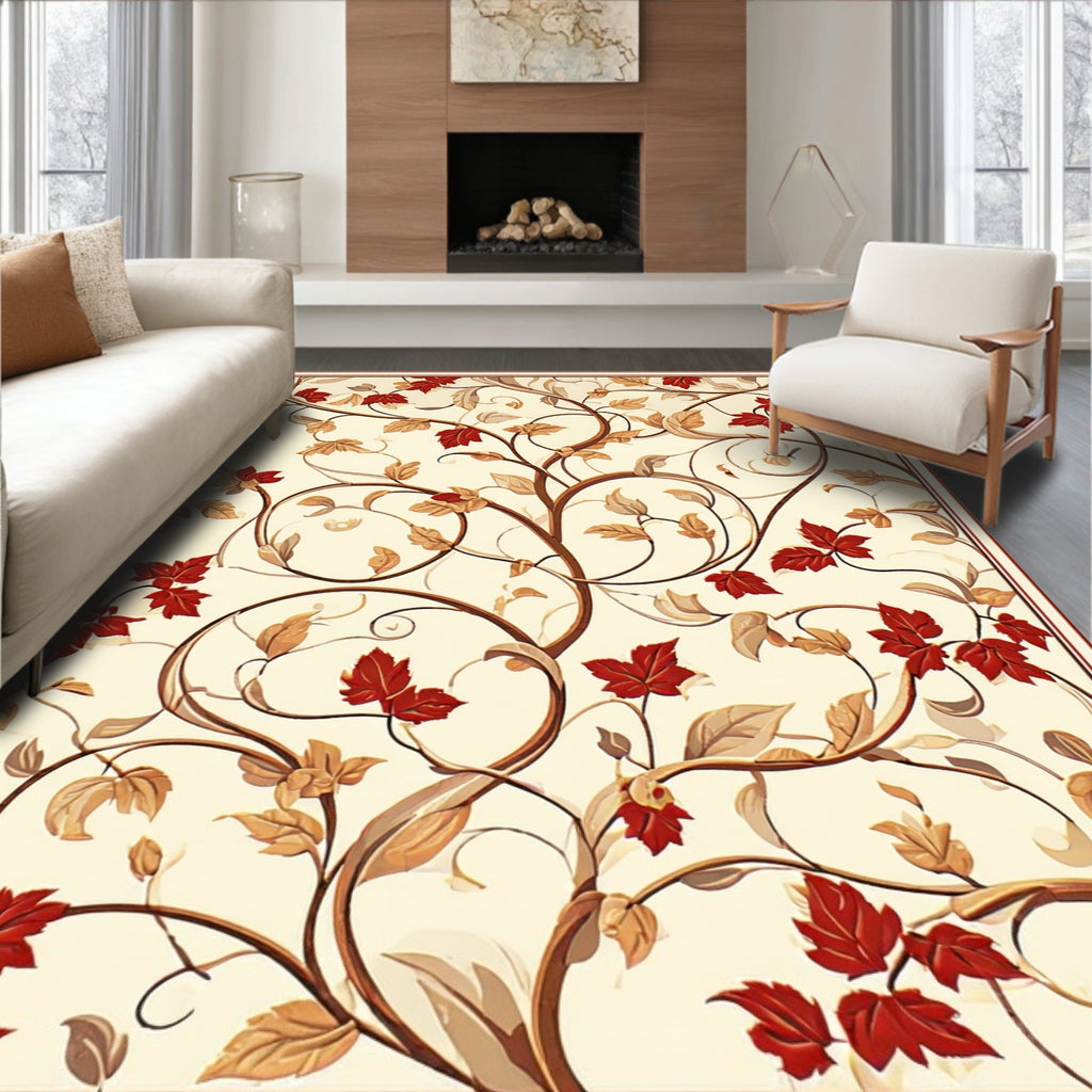 Red Leaf Vines Swirls Pattern Rug