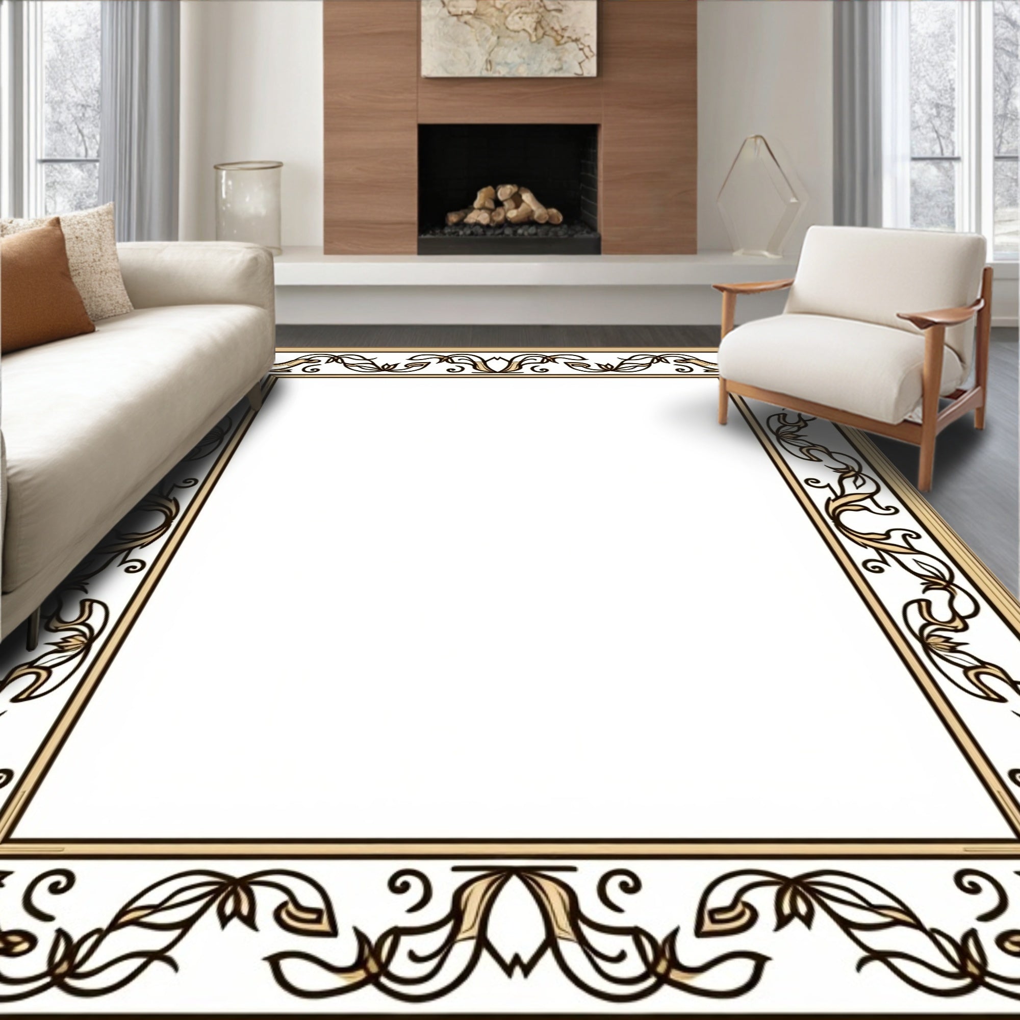 Elegant Tan Floral Scroll Frame Rug