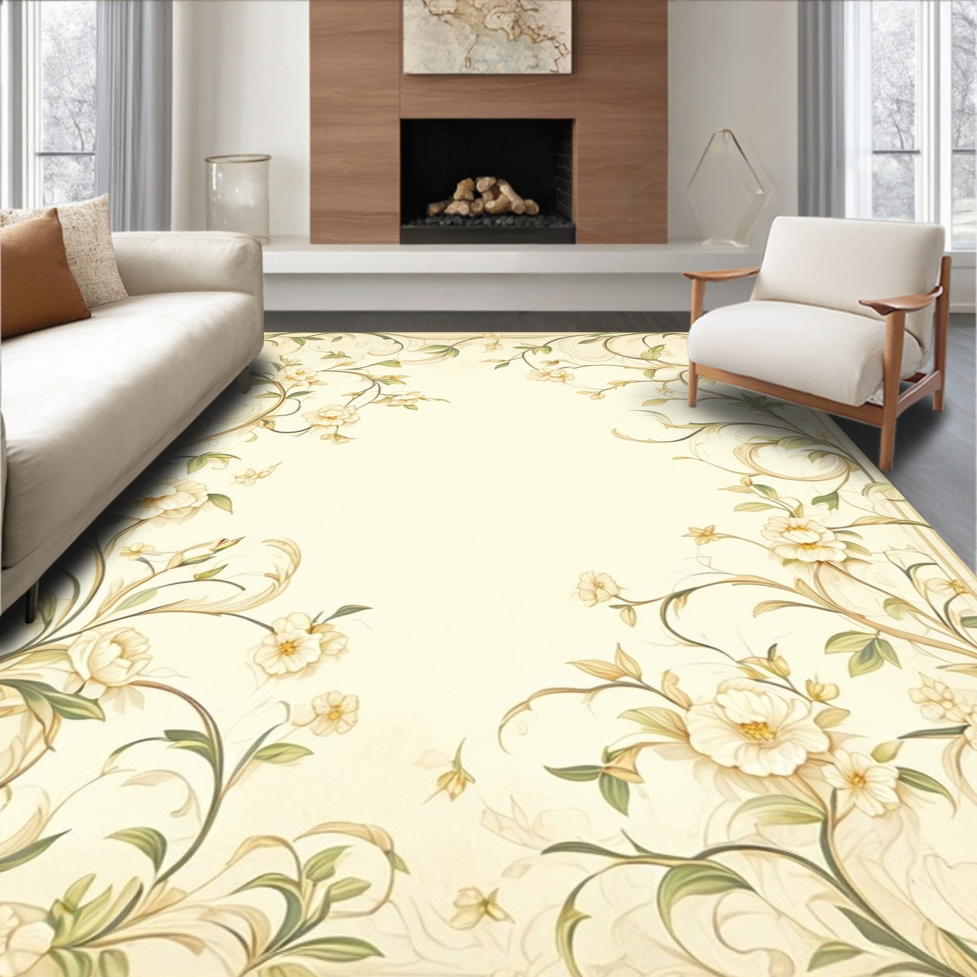 Elegant Floral Vine Cream Rug