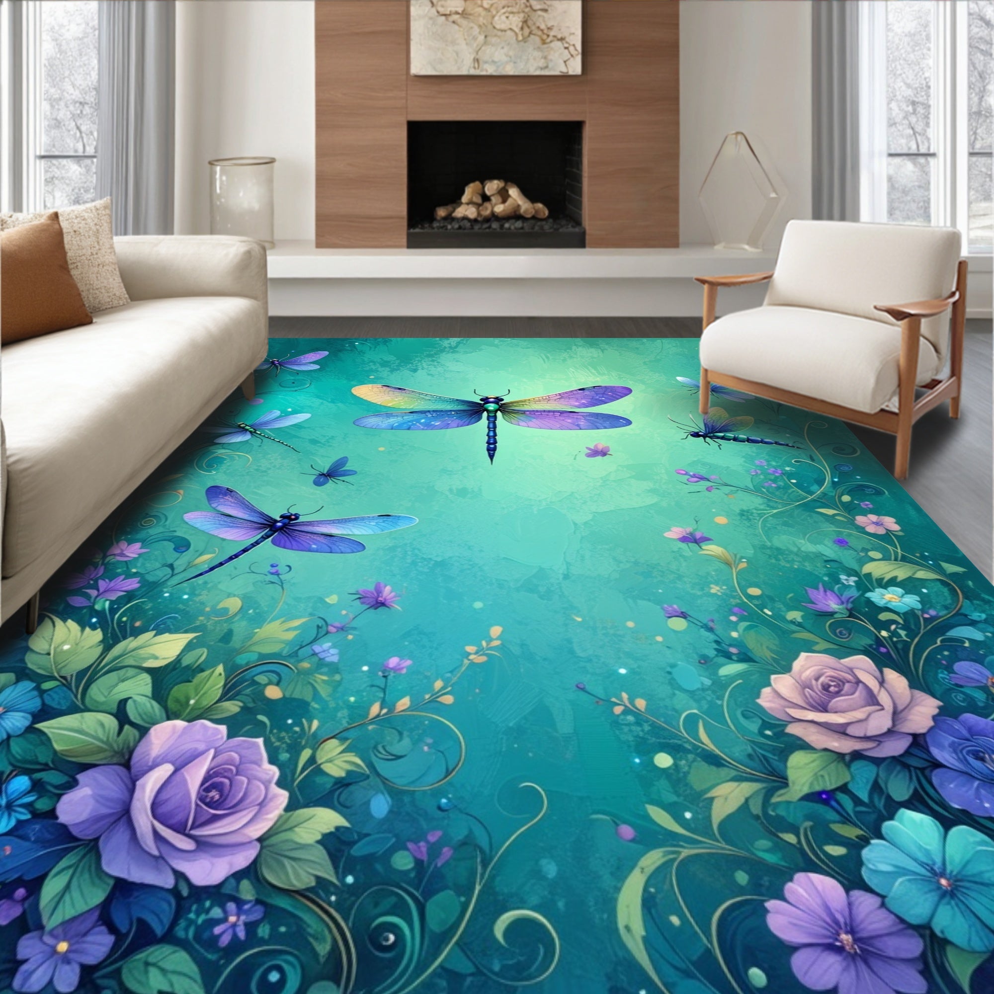 Whimsical Dragonfly Floral Garden Pattern Rug