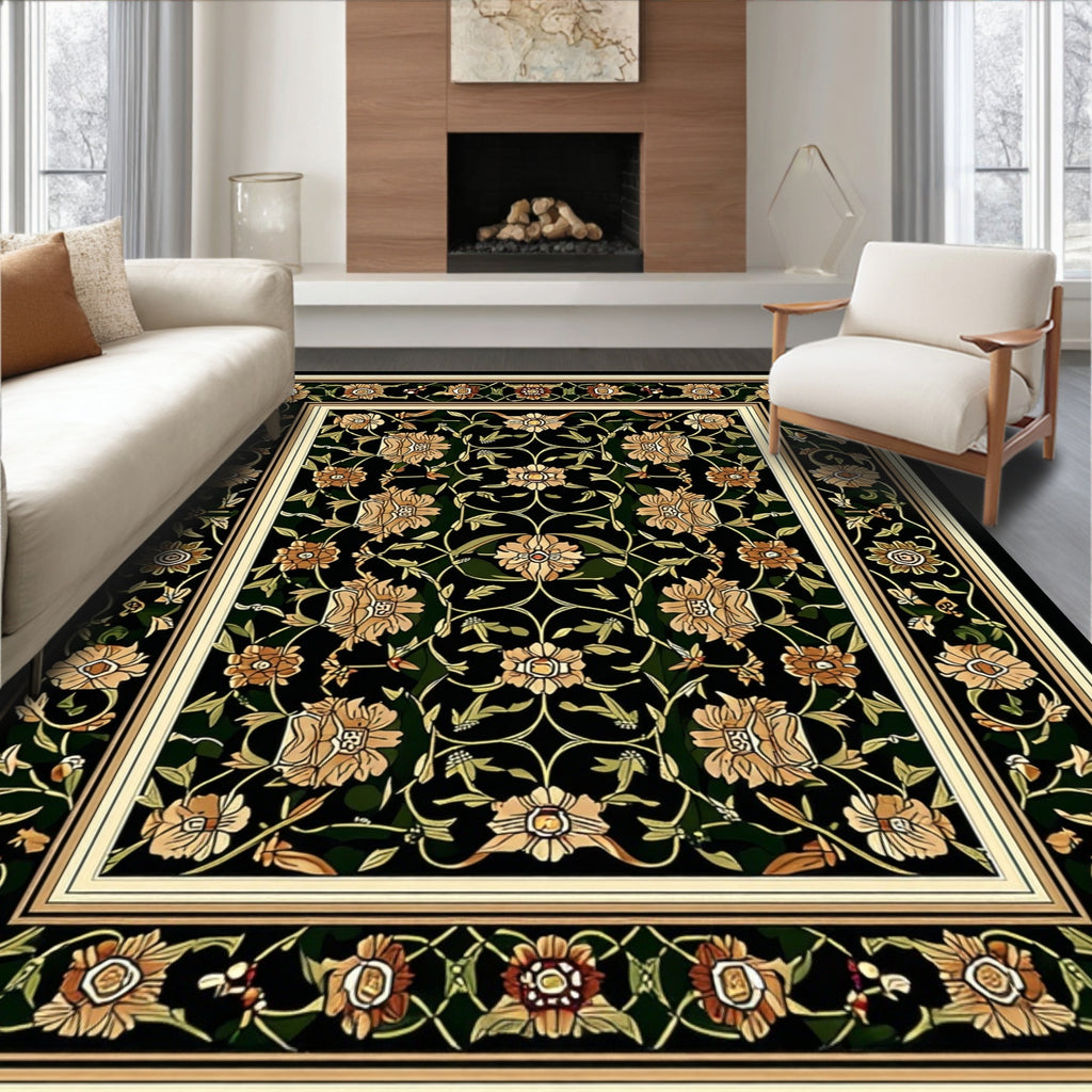 Elegant Black Floral Patterned Rug