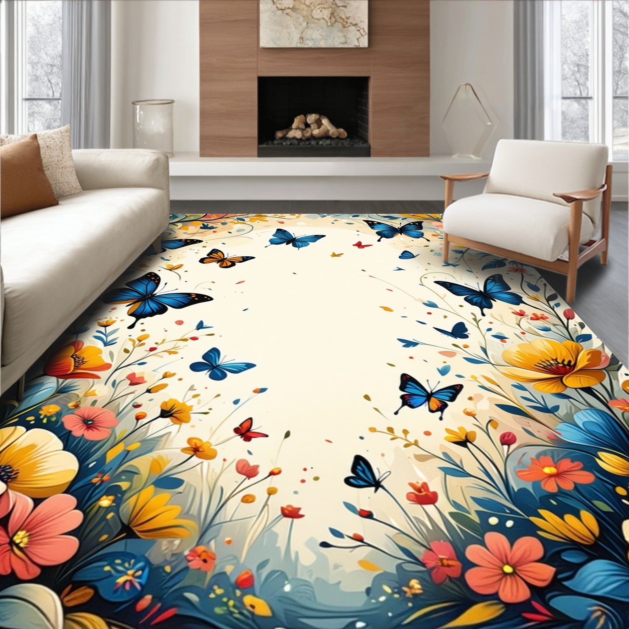 Vibrant Butterfly and Floral Meadow Rug