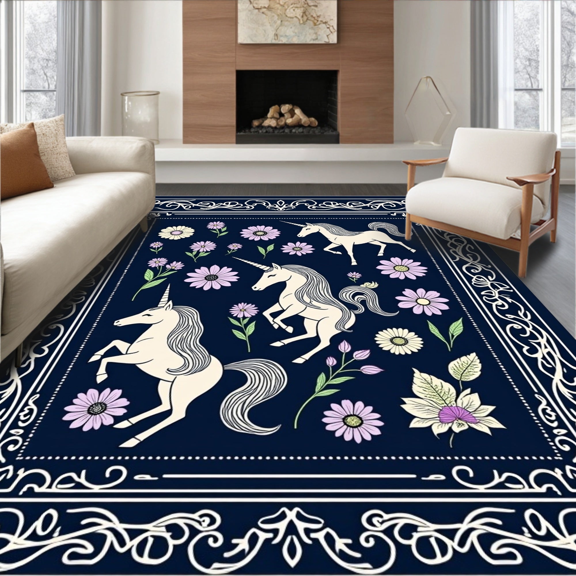 Whimsical Unicorn Floral Meadow Design Rug