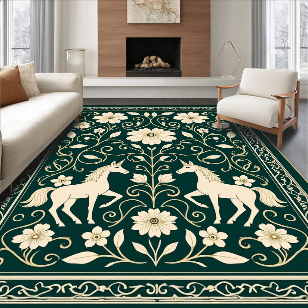 Enchanted Unicorn Floral Border Design Rug