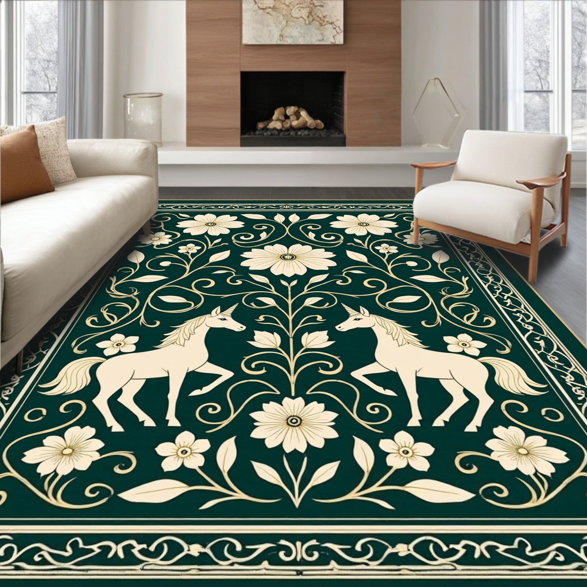 Enchanted Unicorn Floral Border Design Rug
