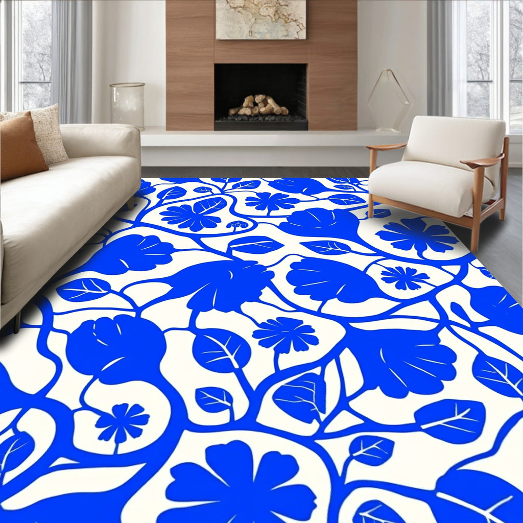 Vivid Blue Floral Vine Pattern Rug