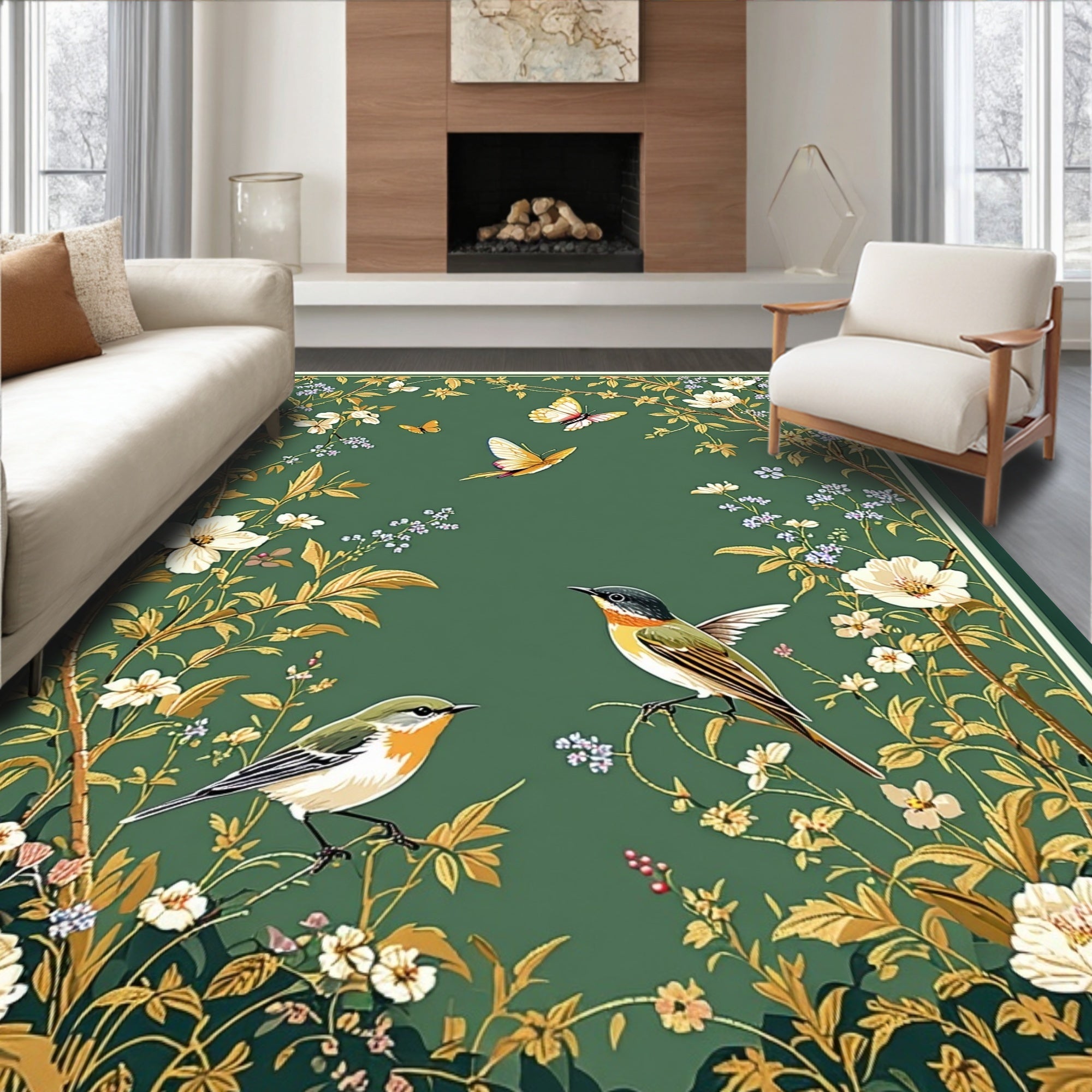 Birds Butterflies Floral Vintage Garden Rug
