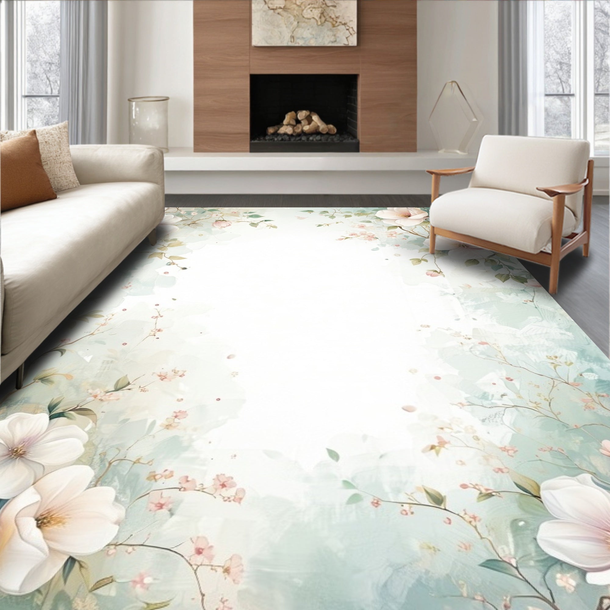 Soft Floral Watercolor Sprigs Design Rug