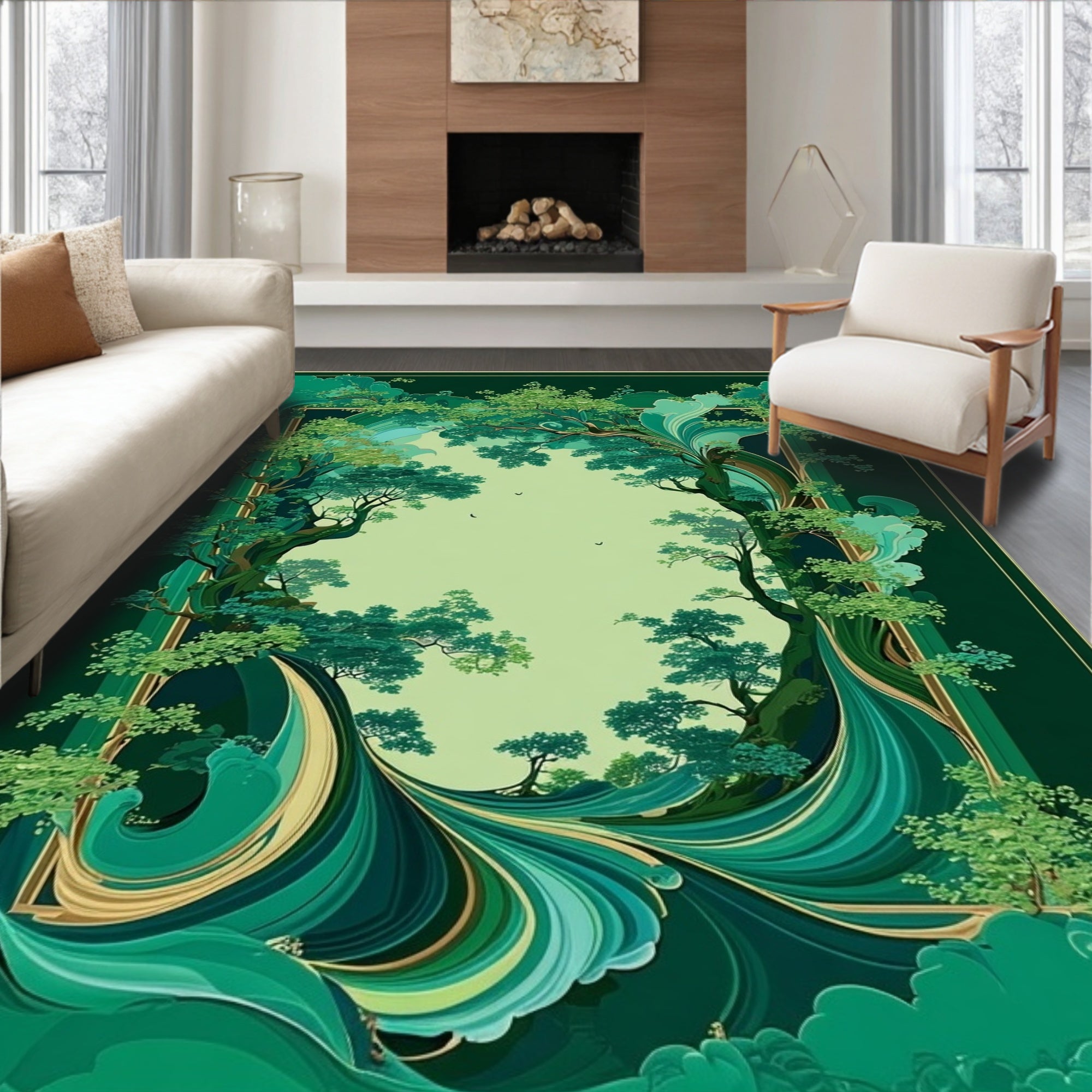 Emerald Trees and Flowing Water Art Rug