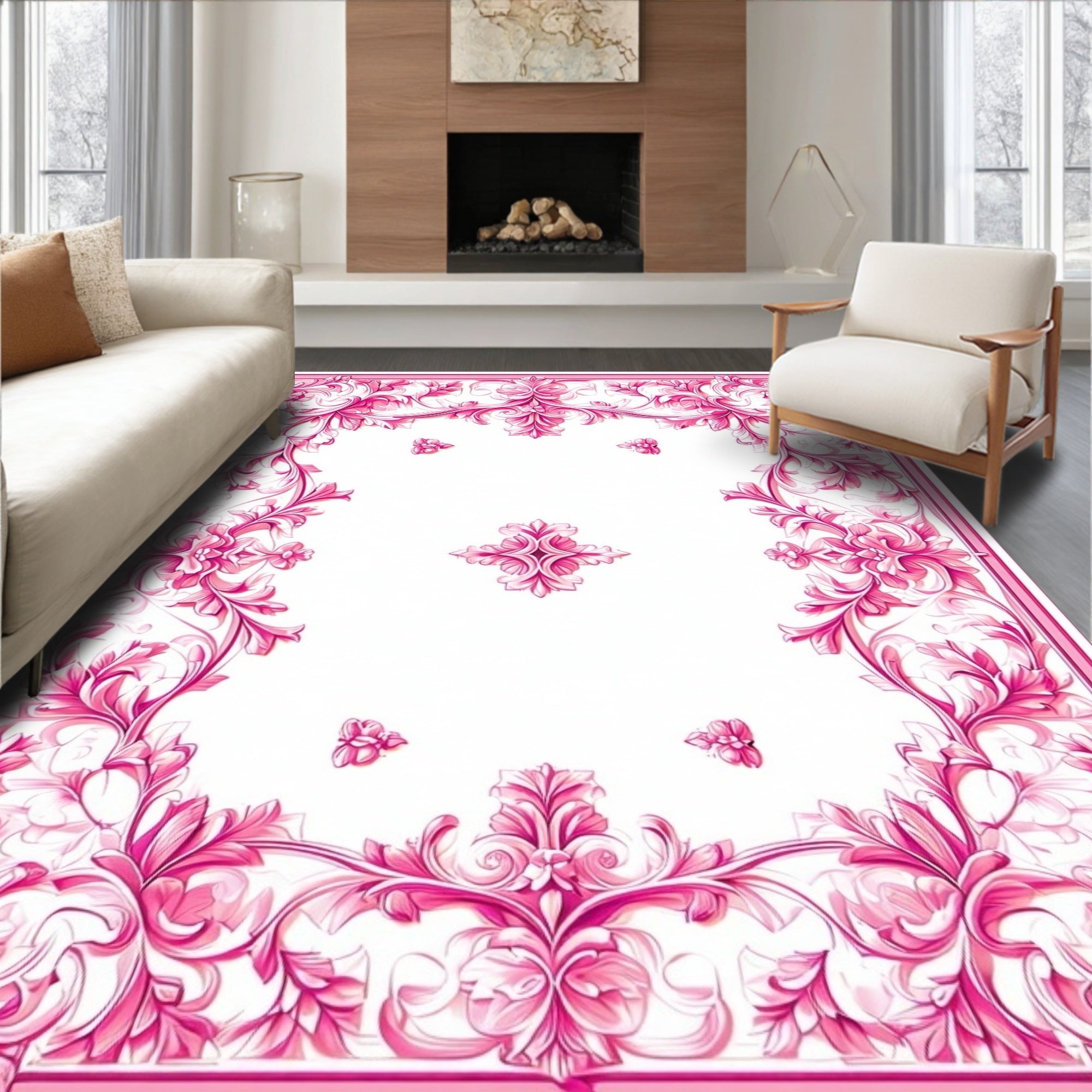 Ornate Pink Floral Scroll Pattern Rug