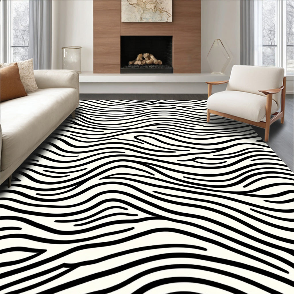 Abstract Wavy Black White Stripes Rug